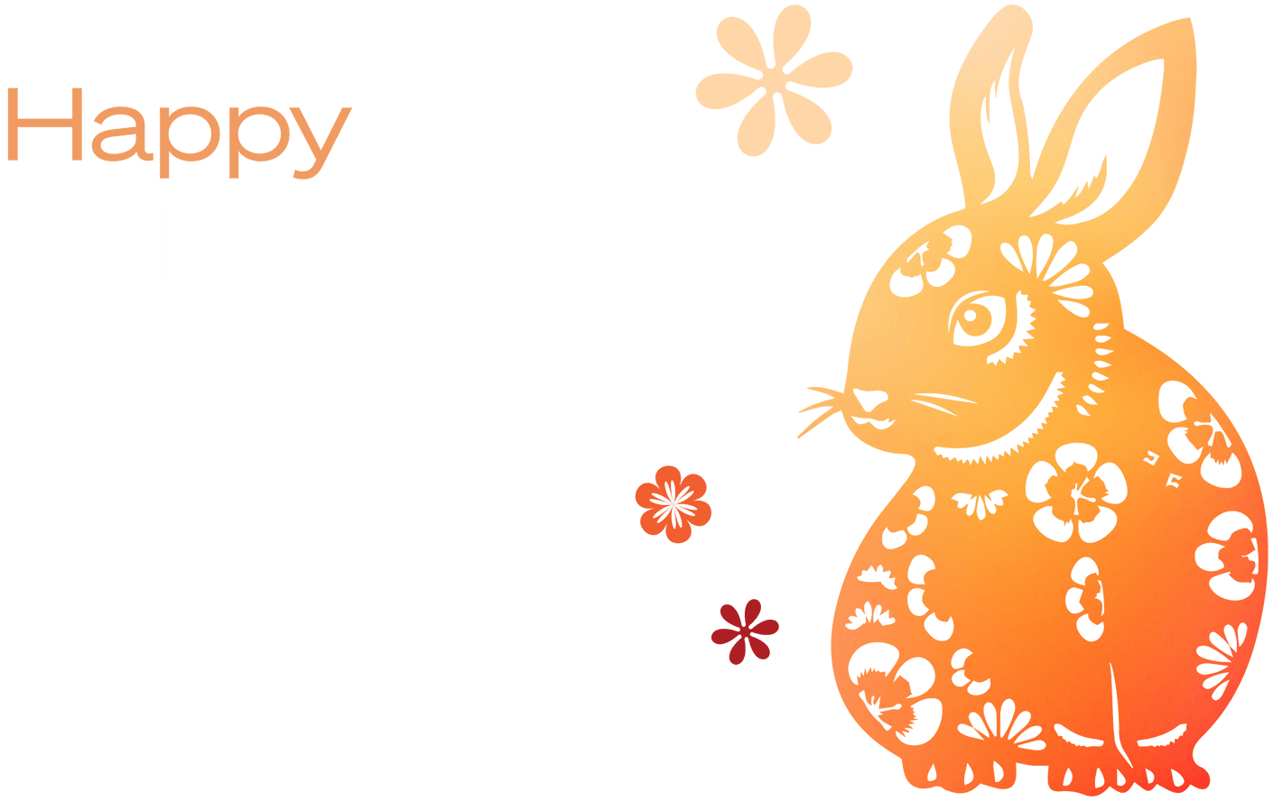 Illustration of a rabbit, with the words "Happy Lunar New Year".