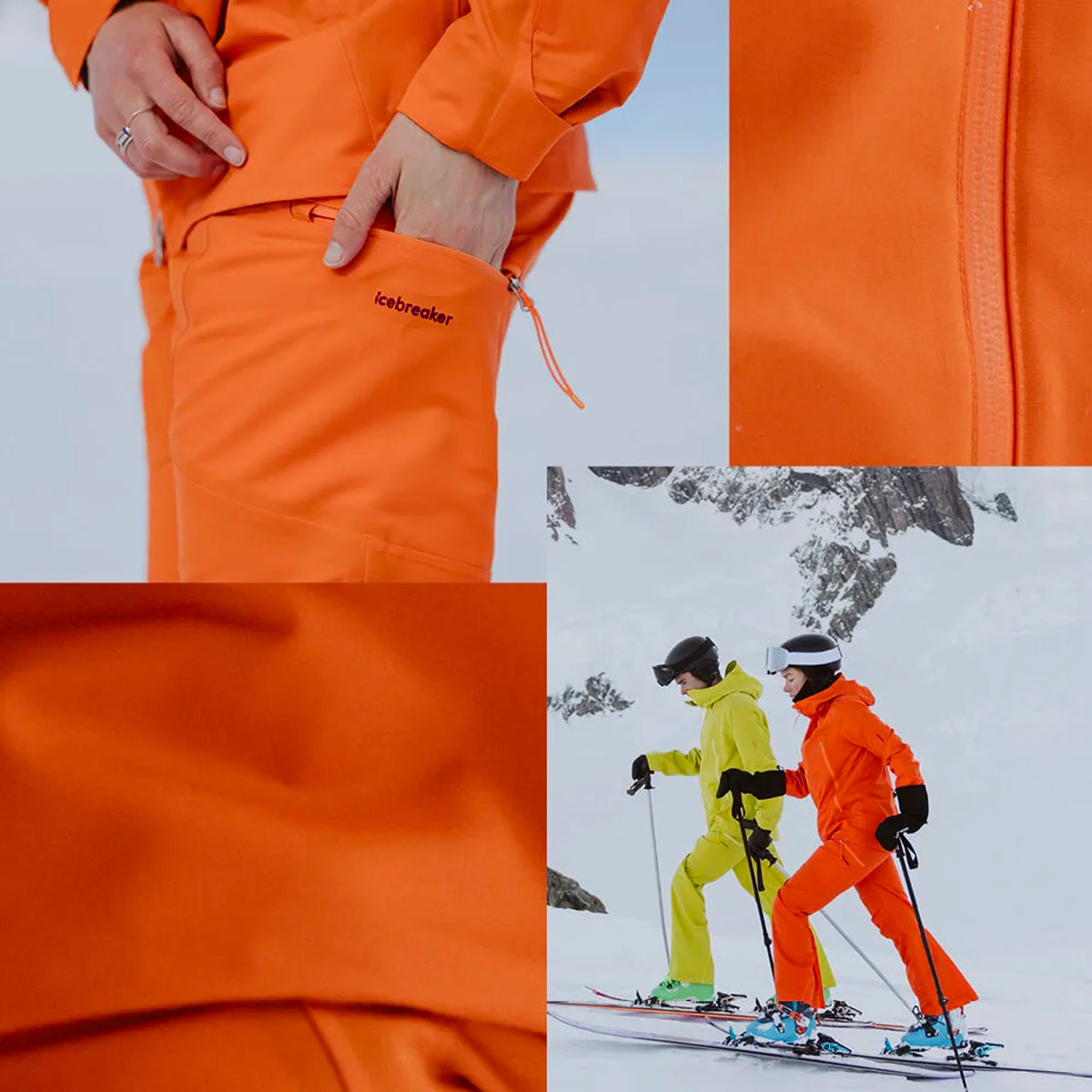 Composite image with four photos showing orange Icebreaker ski clothing, with people skiing