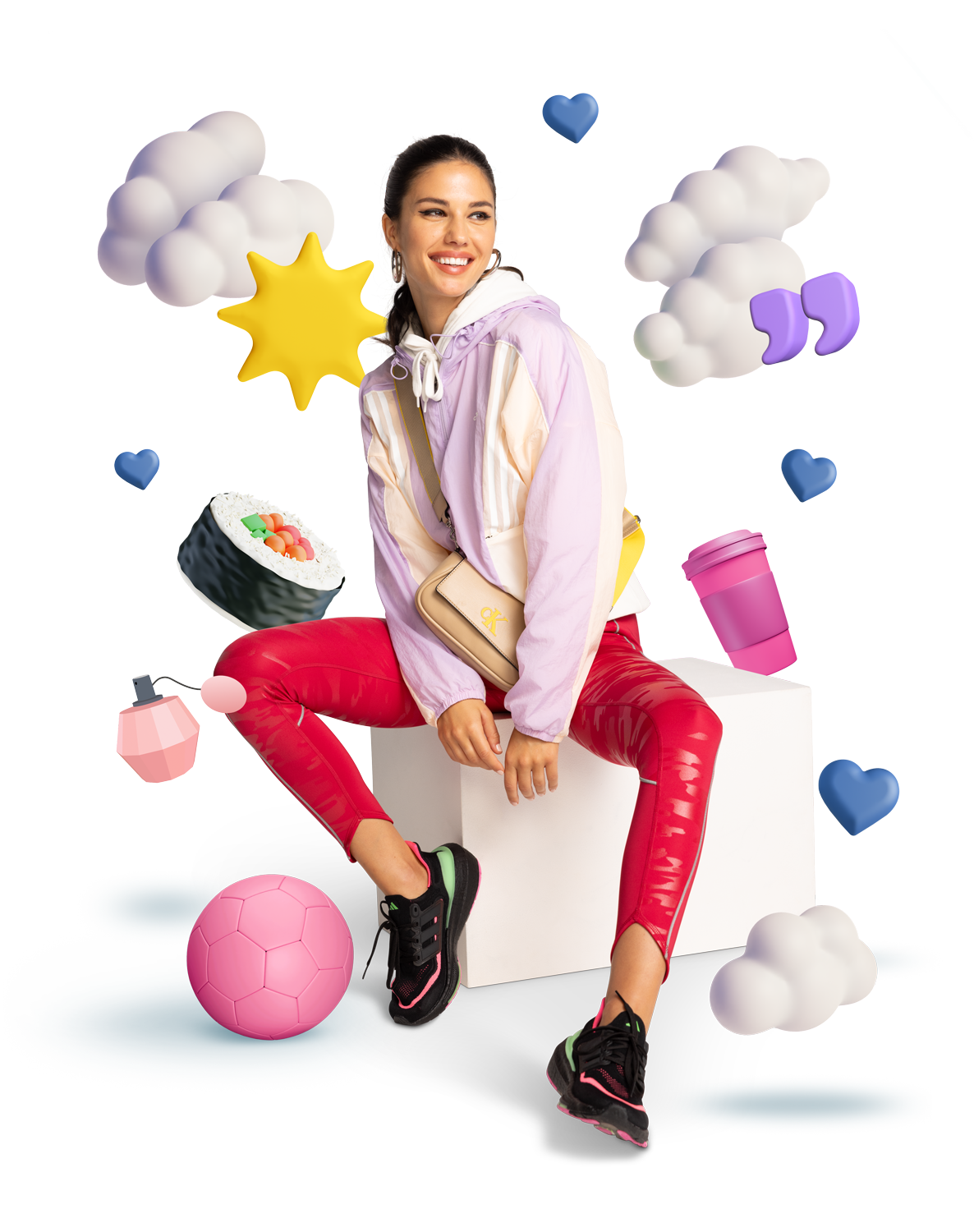 Photo of a person wearing clothing from Dress Smart Christchurch brands. There are several fun 3D oversized objects rendered around the person, including a sun, a piece of sushi, a takeaway coffee cup and love hearts.