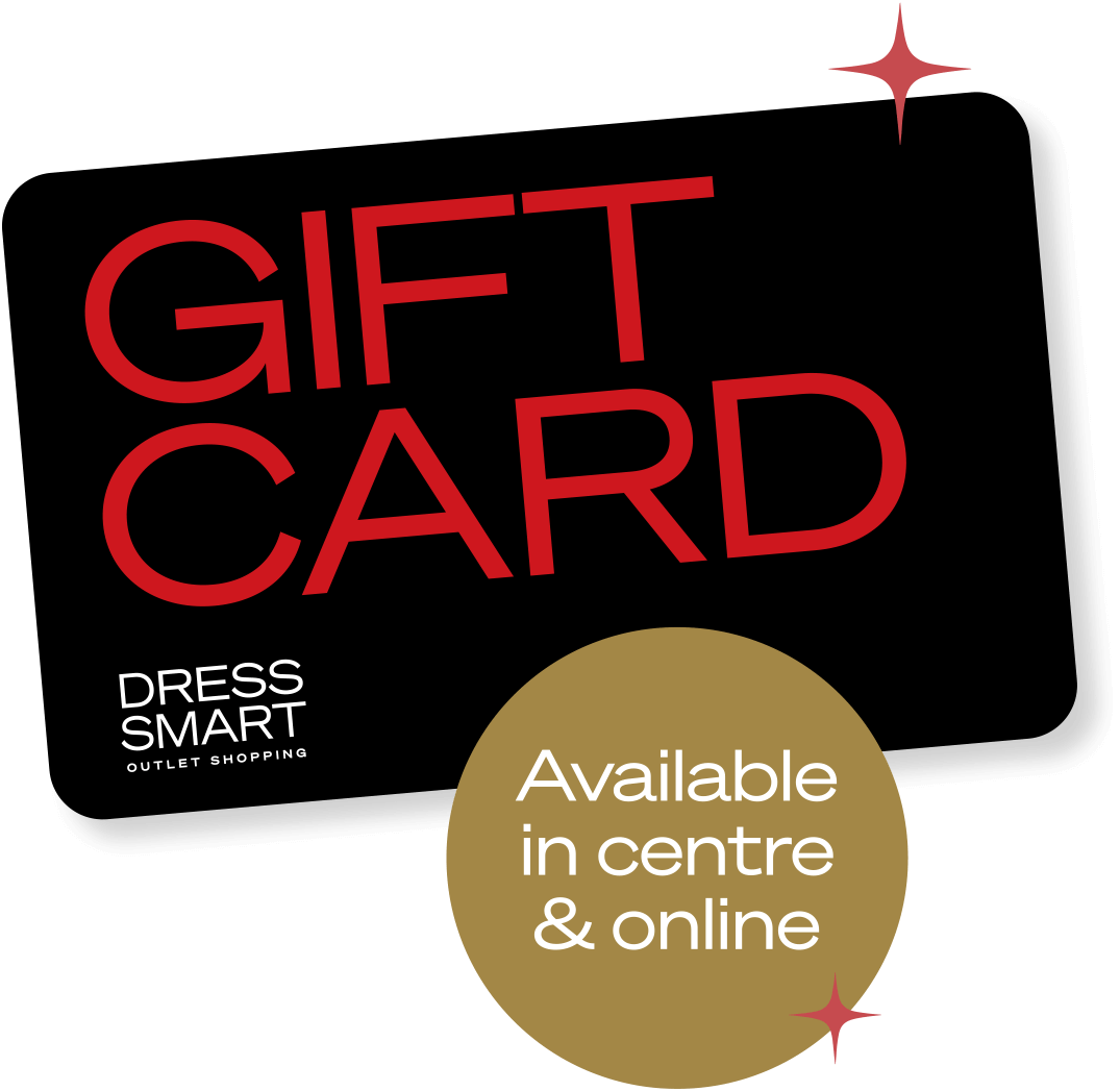 Photo of a Dress Smart Gift Card, with a bubble saying "Available in centre and online"
